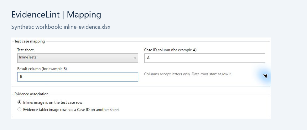 入力設定。Test sheetはInlineTests、Case ID columnはA、Result columnはB、Evidence associationはInline。